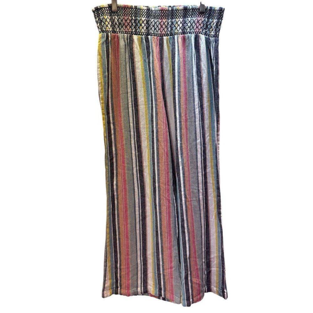 Blue Rein Linen Blend Wide Leg Smocked Pants XL Multicolored Embroidered Waist